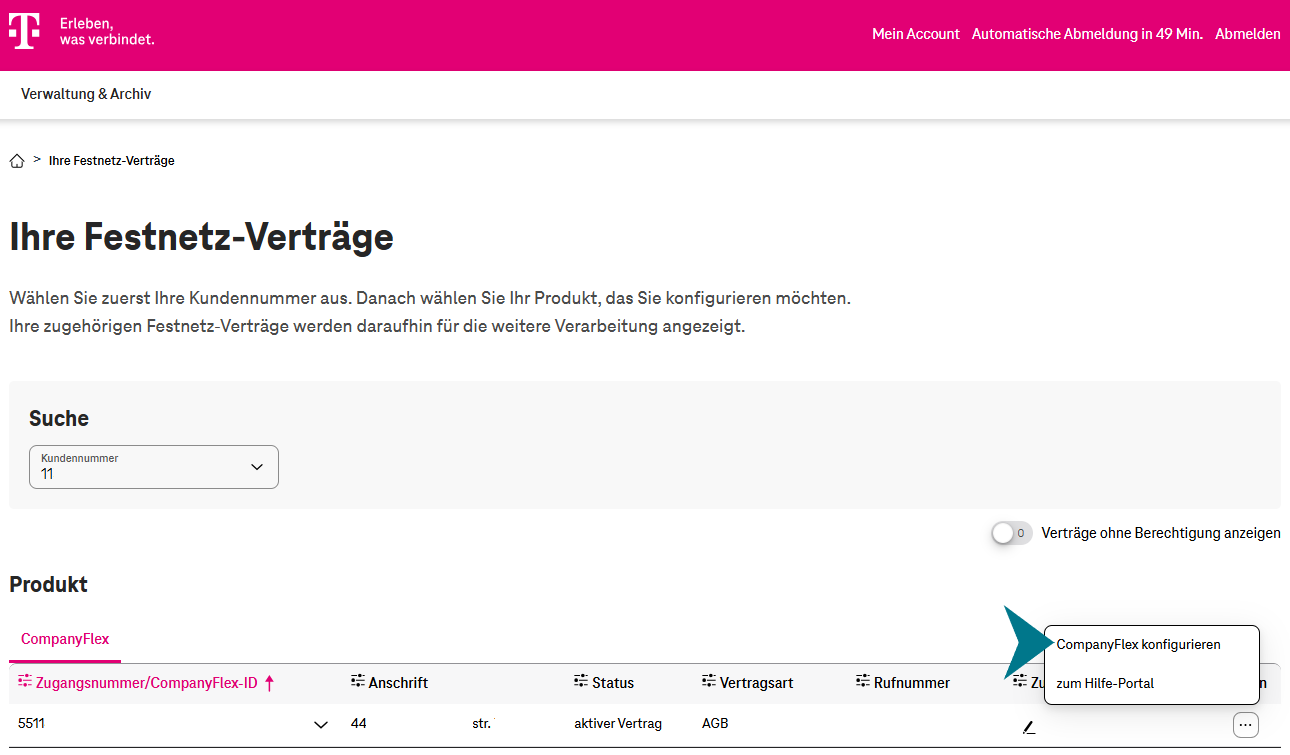 Übersicht der Festnetzverträge. Wählen Sie unten rechts unter "mehr" den Punkt CompanyFlex konfigurieren aus.